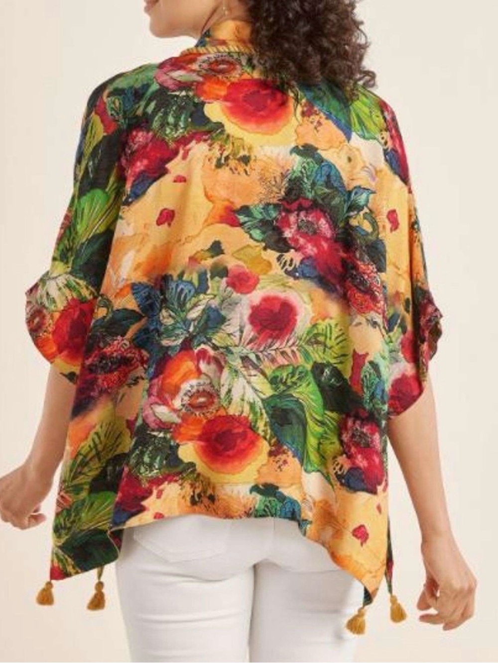 Soft Surroundings OMORA Floral Multi Open-Front Topper - Yellow, Green, Red L/XL